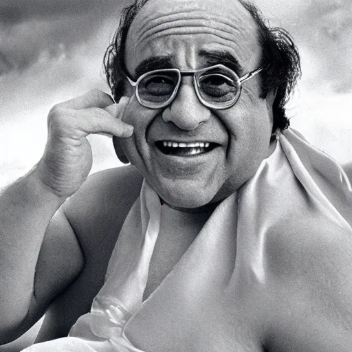 Image similar to godlike Danny DeVito, wearing a toga, eyes with no pupils, sitting atop Mount Olympus, stormy skies