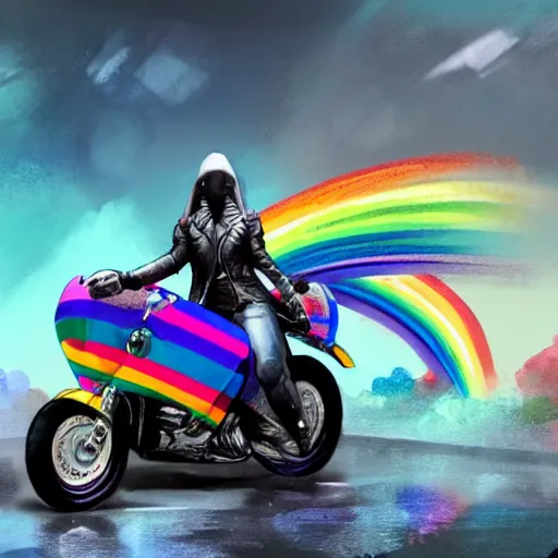 Image similar to wide angle full body, jacket wearing fluffy cute rainbow kitten wearing a black leather motorcycle jacket, riding on a motorcycle, cinematic concept art