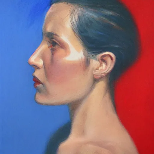Prompt: profile portrait in peruvian realist style ( 1 9 5 4 ), ultramarine blue, venetian red, titanium white, underlighting, detailed, expressive, shadows
