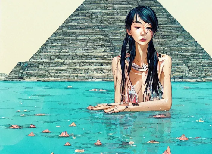 Image similar to lee jin - eun in luxurious dress emerging from turquoise water in egyptian pyramid city during an eclipse by conrad roset, m. k. kaluta, martine johanna, rule of thirds, elegant look, beautiful, chic, face anatomy, cute complexion