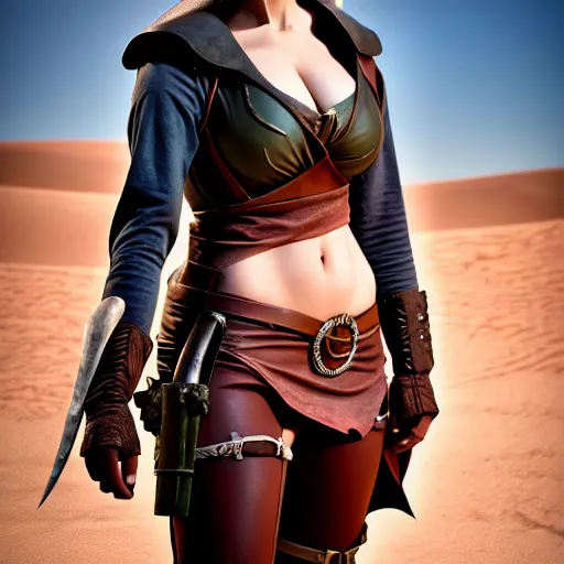 Image similar to cirilla cosplay, desert, professional shooting, natural light, anatomically correct body, beautiful face, many details, super realistic, high quality, 8 k