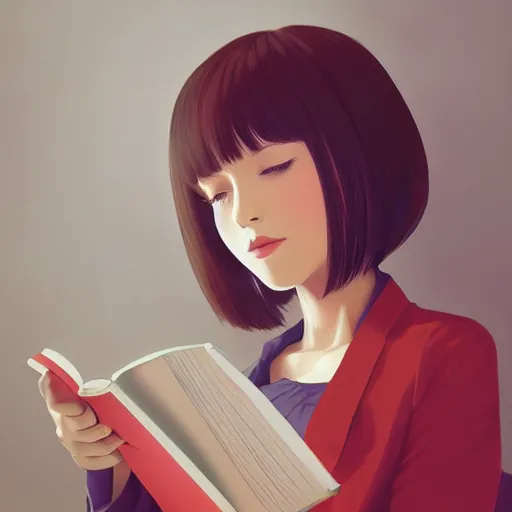 Image similar to portrait by ilya kuvshinov of a beautiful girl reading a book, slight smile, symmetrical face, trending on pixiv, fhd, detailed, subdued color palette