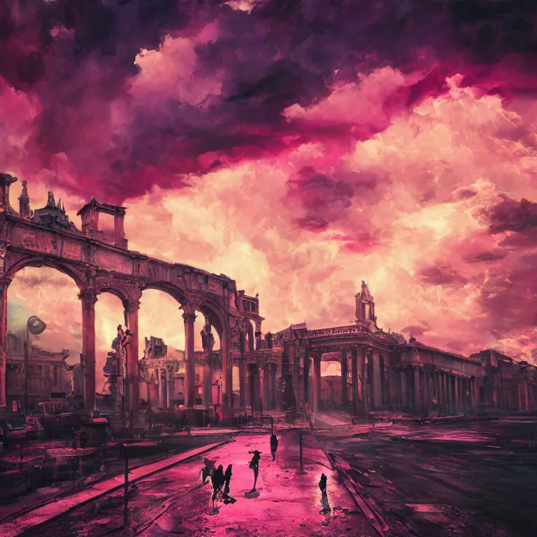 Image similar to oil painting, rich deep colors masterpiece, pink, punk, neon, ultra detailed, contrast, heaven pink, lots of roman arches, bright punk, punk rock, people with mohawks, clouds, sky, volumetric light, atmospheric lighting, dramatic, cinematic, steampunk, moody, octane render 4 k, 8 k