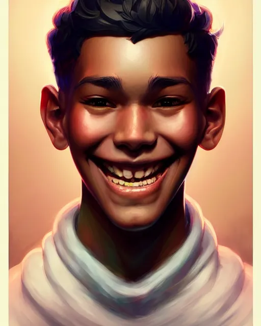 Image similar to digital art, fantasy portrait of a boy with a large smile, by James Jean and by artgerm, by ross tran , ultradetailed, charachter design, concept art, trending on artstation,