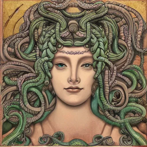 Prompt: detailed, portrait of medusa looking into space, surrounded by lotus flowers and geometry