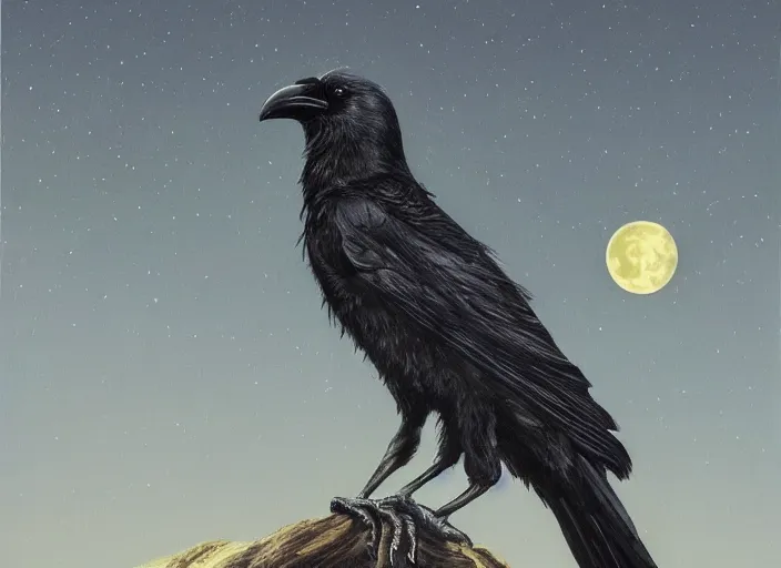 Prompt: a hyper-detailed oil portrait of a crow on a tree in front of the full big moon; an extraordinary masterpiece!!!; flawless; proud posture; photorealistic eyes; trending on artstation; f/1.4; 90mm