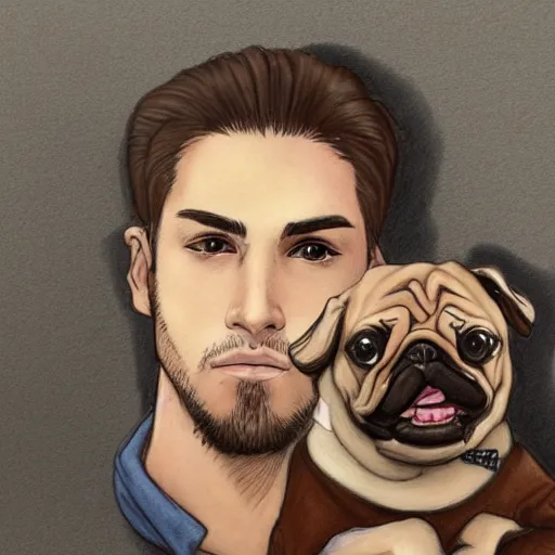 Image similar to self portrait, young white hispanic handsome man with short light brown hair and light skin and a 5 o clock shadow, holding a pug for a picture, pencil art, added detail, high definiton, colored, backfacing, illustrated by yoji shinkawa