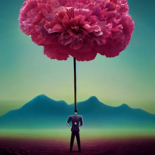 Prompt: giant carnation flower head girl, suit, desert, surreal photography, sunrise, dramatic light, impressionist painting, digital painting, artstation, simon stalenhag