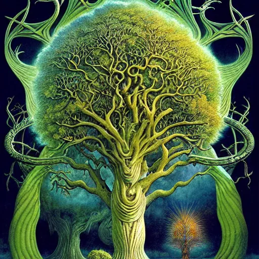 Prompt: sacred ancient ancestral mulberry tree by roger dean and andrew ferez, art forms of nature by ernst haeckel, divine chaos engine, symbolist, visionary, art nouveau, botanical fractal structures, tree of life, lightning bolts, heimat, detailed, realistic, surreality