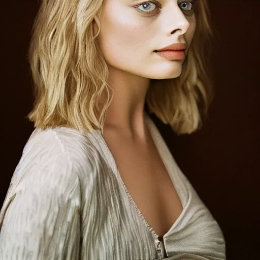 Image similar to Margot Robbie with wet hair, soft lighting, sharp details, warm colors, studio portrait, 35 mm film