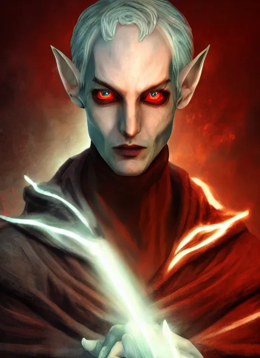 Image similar to A fantasy comic book style portrait painting of a slender grey elf with red eyes as a Sorcerer in a atmospheric dark fortress, unreal 5, DAZ, hyperrealistic, octane render, RPG portrait, ambient light, dynamic lighting