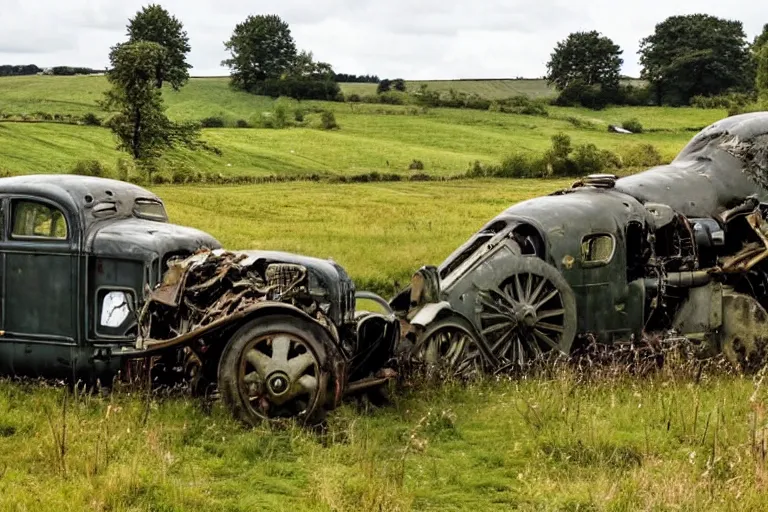 Image similar to beautiful english countryside, a ginormous destroyed dieselpunk machine lies broken in a field, fire and oil