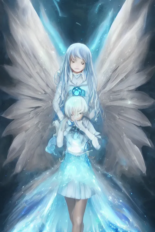 Image similar to anime young girl in school uniform with intricate ice blue crystal fractal wings sitting on an ice throne, wlop, concept art, digital painting, trending on artstation, highly detailed, epic composition, 8 k uhd