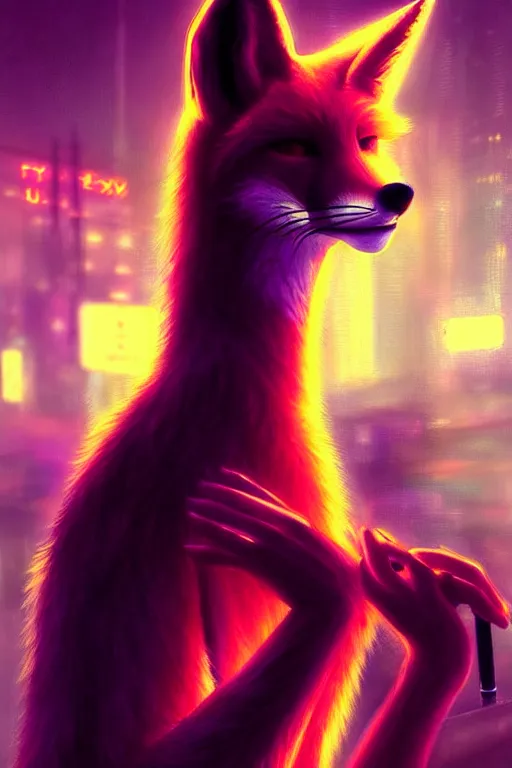 Image similar to beautiful portrait of a tall female anthro fox, smoking a cigarette in a crowd, a wet city street, cyberpunk, harsh neon lights, highly detailed, deep shadows, digital painting, shallow depth of field, illustration, art by sakimichan, artgerm