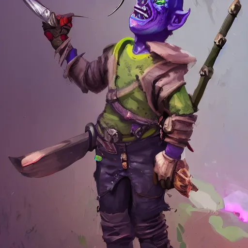 Image similar to male goblin youth adventurer with purple skin, by Ismail Inceoglu, wearing leather adventuring clothes, shabby, short, kid, bald, wielding knife, happy grin, character portrait closeup, digital art, dungeons and dragon, character