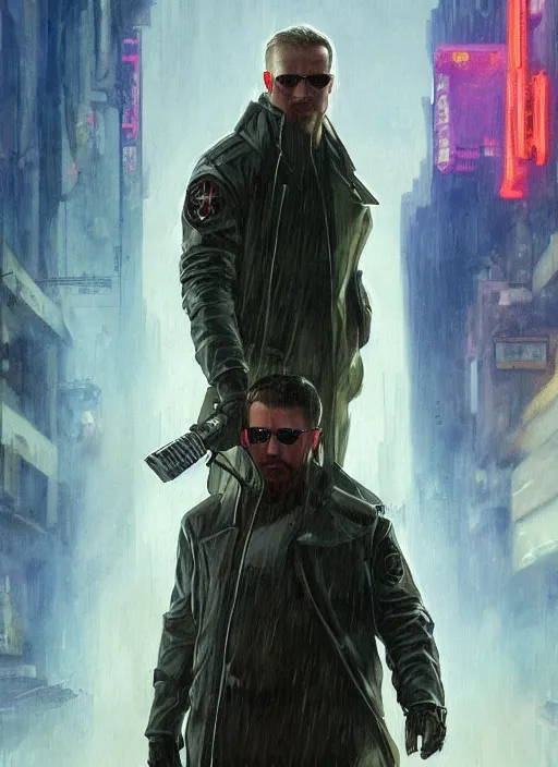 Prompt: Modern Teddy Roosevelt. Cyberpunk hitman in tactical gear. plastic raincoat. blade runner 2049 concept painting. Epic painting by James Gurney, Azamat Khairov, and Alphonso Mucha. ArtstationHQ. painting with Vivid color. (rb6s, Cyberpunk 2077)