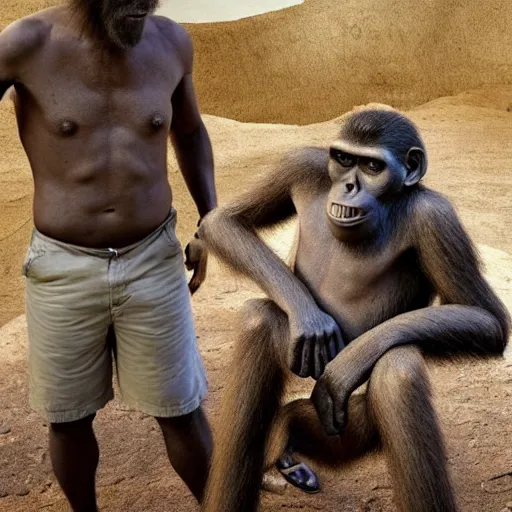 Prompt: modern humans meeting australopithecus afarensis, award - winning photograph, scientists, proto - humans, savanna