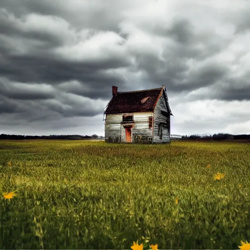 Image similar to old abandoned house in daisy field, cloudy sky, huge cloud, mist, ultra - realiste, cinematic, hd, 8 k