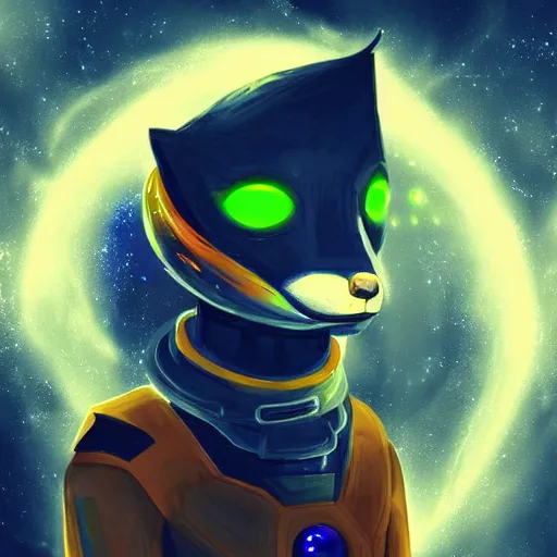 Prompt: a space fox, portrait, sci fi style, modern look, digital art, traveling through time and space, expressive lighting, aura