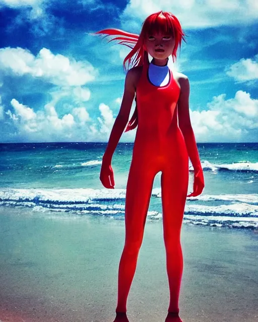 Image similar to dreamy tiktok iPhone photo of beautiful Asuka Langley from evangelion as a surfer in Florida, 35mm, cinematic, trending on Instagram, Asuka as a surfer model, 8k, 4k