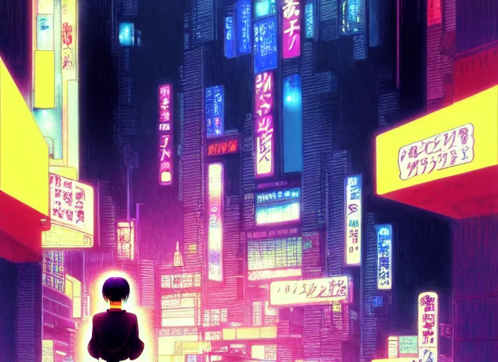 Prompt: editorial illustration colorful, anime city scene at night, katsuhiro otomo ilya kuvshinov, fine texture, realistic shading, ghost in the shell, fine details, matte colors, perfect face, dramatic lighting, dynamic composition, moody, vivid, volumetric, stippled lighting, big and cute eyes, cinematic, trending on artstation, kentaro miura