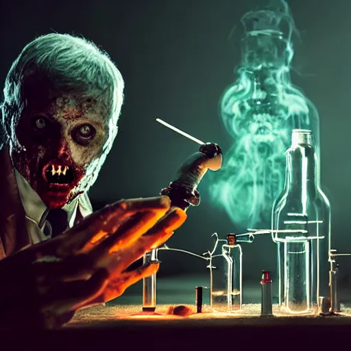 Image similar to Zombie Doctor performing surgery on a cadaver mad scientist laboratory glowing chemistry set viles test tubes potions smoking HDR 8K