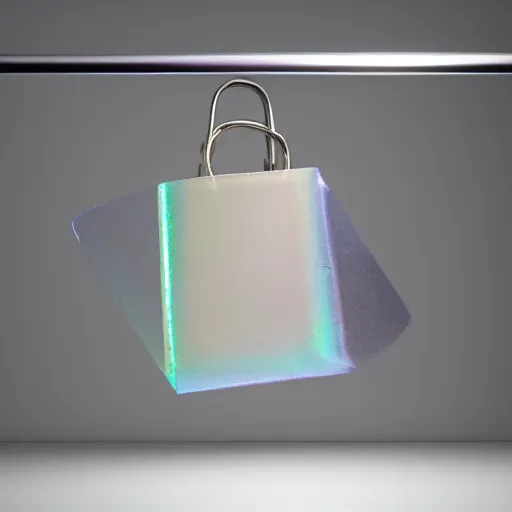 Image similar to an ultra high definition professional studio quality photograph of a transparent iridescent perspex pastel coloured luggage bag on a coat hook in an empty white room. dramatic lighting, ray tracing, refraction, shallow d. o. f, colour corrected, golden ratio, three point light. volumetric shadows. light rays.