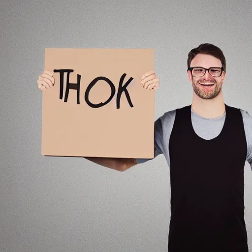 Image similar to man holding a thank you sign, madly grinning, studio light