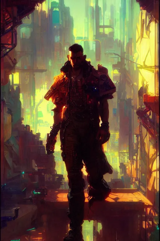 Image similar to attractive man, cyberpunk, cool colors, painting by gaston bussiere, craig mullins, greg rutkowski, alphonse mucha