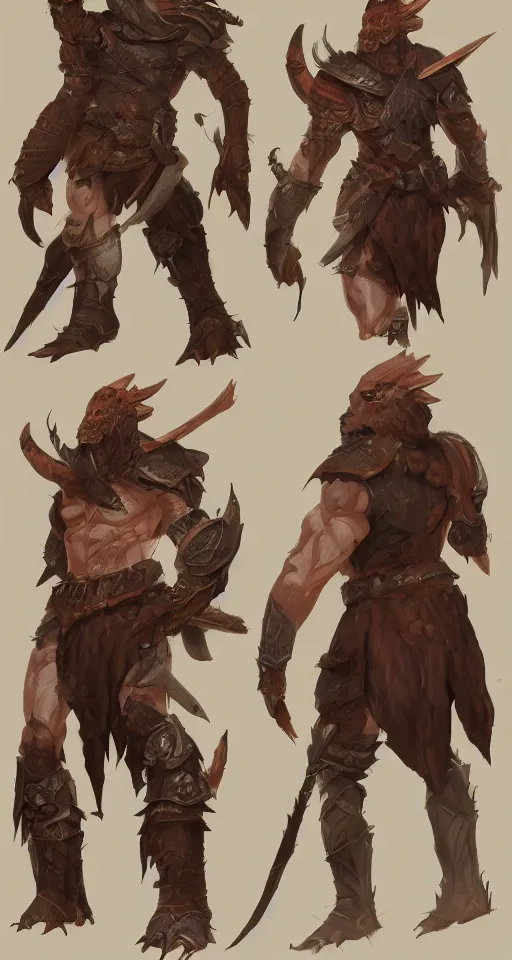 Prompt: concept art of a wounded, copper DnD dragonborn barbarian with a lot of battlescars, character design, concept art, render, fullbody shot turnaround, trending on artstation