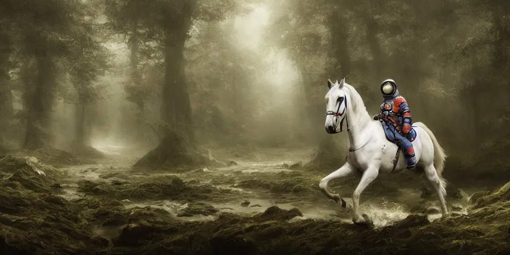 Image similar to an astronaut riding on the back of a white horse through a forest, crossing a river, a detailed matte painting by frieke janssens, featured on cgsociety, fantasy art, matte painting, reimagined by industrial light and magic, matte drawing