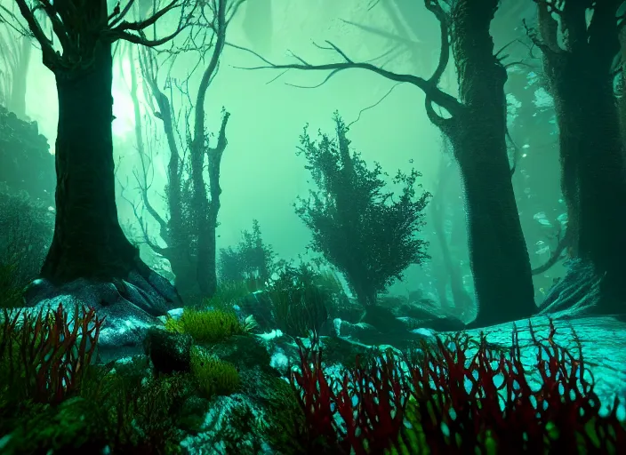 Image similar to underwater forrest. Intricate. Very detailed 8k. Fantasy horror. Sharp. Cinematic post-processing. Unreal engine. Nanite. Ray tracing. Parallax. Tessellation