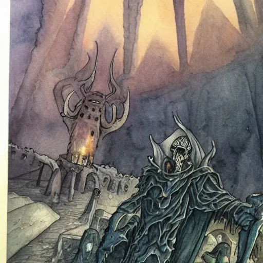 Prompt: vecna, demonic alien hellscape in the background, atmospheric, ominous, 8 k, watercolor and ink, museum quality