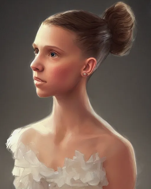 Image similar to a painting of a girl resembling alicia vikander or millie bobby brown in a wedding dress, highly detailed, artstation, concept art, by thomas canty