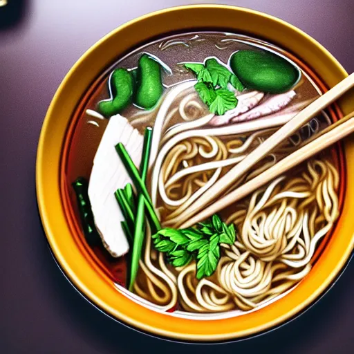 Image similar to flatlay realistic photo of delicious pho, ramen, aesthetic table cloth, highly detailed, global illumination, masterpiece, 8 k hd, award winning, artstation,