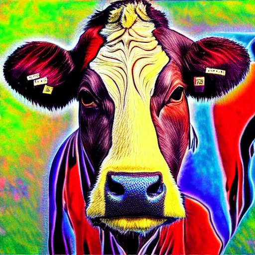 Image similar to deepdream style portrait of a cow