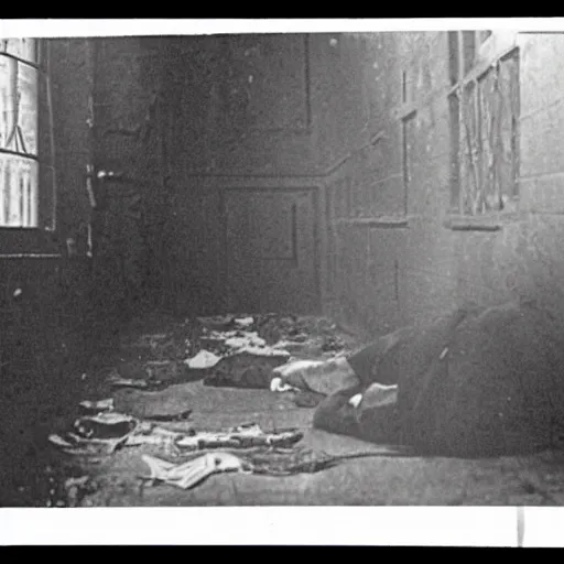 Prompt: photograph of a crime scene of the serial killer Jack the Ripper, unsettling, creepy, horrific, gruesome