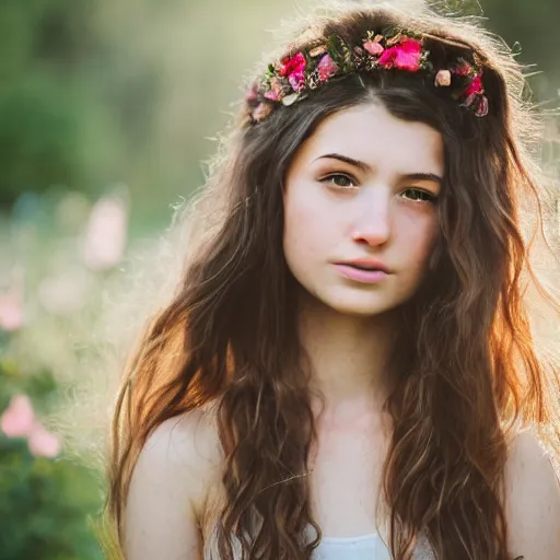 Prompt: a portrait of a young girl with wavey long hair, there is a bird on her head, there's flowers everywhere, very beautiful ambient light with sun rays hitting her hair, 8k photography, wedding photography