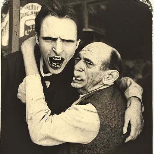 Prompt: hyper realistic vintage photograph of a vampire biting an old mans neck outside of a bar at night detailed faces, grain, old, monochrome, wide angle