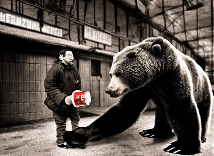 Image similar to gopnik drinking cheap beer with a bear, soviet exterior, symmetrical, cinematic, real photography