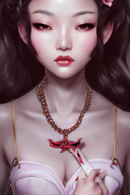 Prompt: a pin up and beautiful fashion and charming and dreamlke asian girl, lv jewelry, art by artgerm & jeehyung lee & wlop, hyperdetailed, 8 k realistic, symmetrical, frostbite 3 engine, cryengine, dof, trending on artstation, digital art, lv, dior