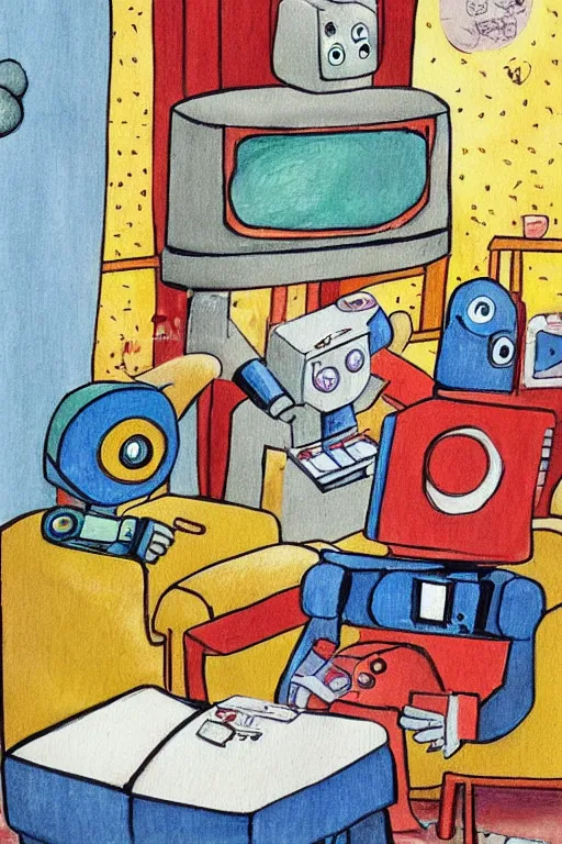 Image similar to children's book illustration of robots watching tv by margret rey