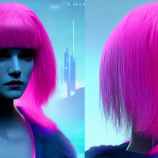 Image similar to joi from blade runner 2 0 4 9 as a giant pink skinned translucent hologram with blue hair, neo noire