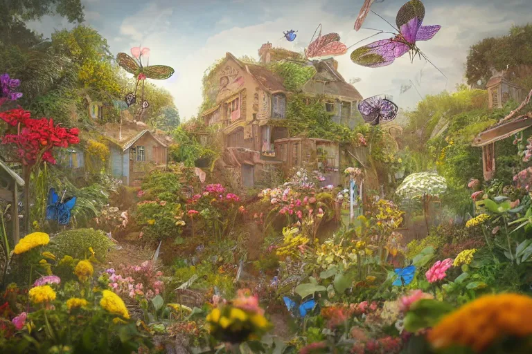 Prompt: super detailed color art, a lot of small garden flowers, A multiverse of insects, spiders and dragonflies, unreal engine, wes anderson color palette, 3d render, colorful, digital art, old wooden frame