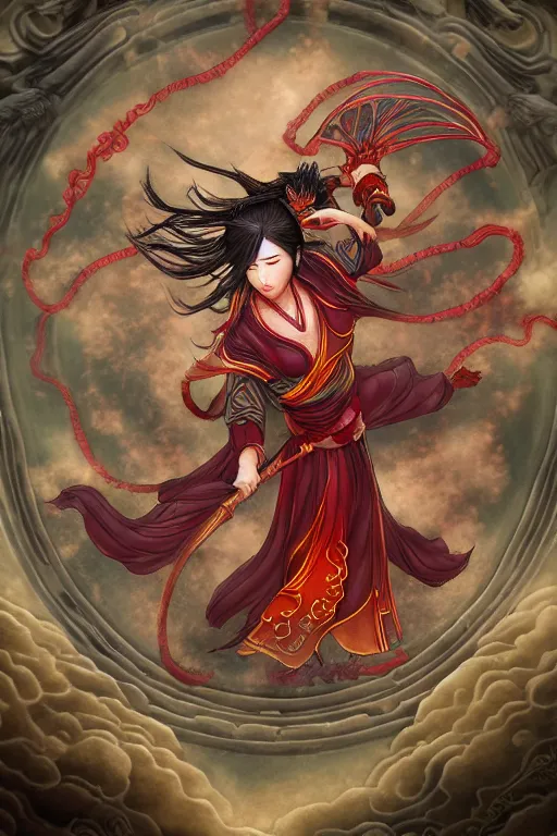 Image similar to nezha flies around swiftly on his wind flame circles, chinese mythology, top view, cinematic, fantasy character portrait, highly detailed, by new gods : nezha reborn, nezha : birth of the demon child,