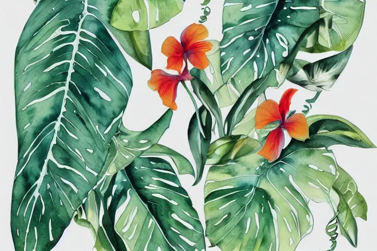 Prompt: watercolor artwork of exotic, elegant tropical prints : : green, art nouveau, trending on artstation