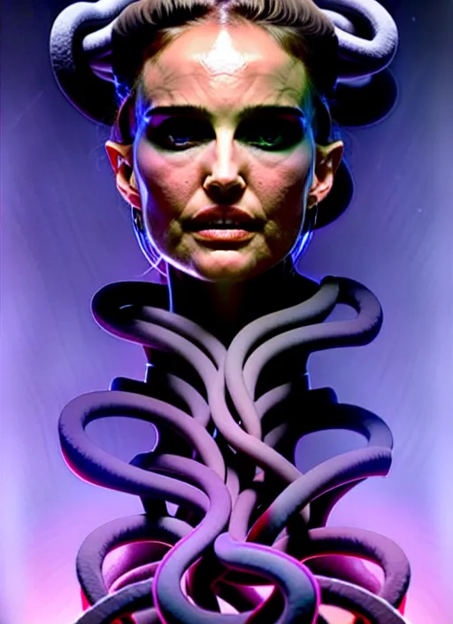 Image similar to Medusa, Natalie Portman, portrait, very detailed, dramatic lighting, electrical details, high details, 4k, 8k, trending on artstation, by Greg Rutkowski, Wayne Barlowe, Hajime Sorayama and Boris Vallejo