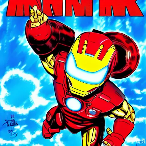 Prompt: robert downey jr iron man in the style of kohei horikoshi and akira toriyama, manga cover