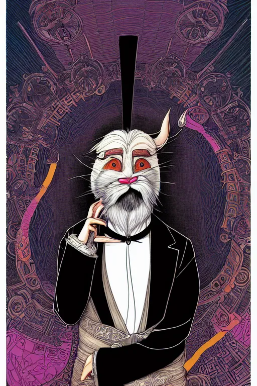 Prompt: a vibrant! sideview waist up portrait of mysterious master shifu wearing tuxedo by laurie greasley and josan gonzalez, etching by gustave dore, colorful flat surreal ethereal, intricate, sharp focus, illustration, highly detailed, digital painting, concept art, masterpiece