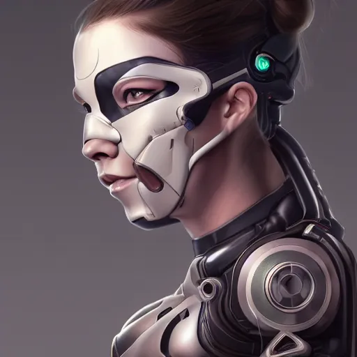 Image similar to portrait of a cyborg Anya Taylor-Joy wearing an Ikeuchi mask by Artgerm, biomechanical, hyper detailled, trending on artstation